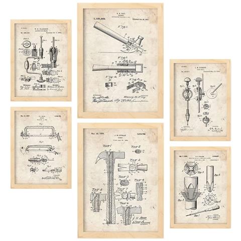 Set Di 6 Stampe Con Strumenti Di Costruzione 2 Poster Di Brevetti Con Immagini Di Brevetti Retrò Design Di Interni In Stile Vintage A3 & A4 Telaio In Legno Chiaro - Foto 1