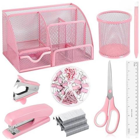 Set Di Cucitrice Rosa - Kit Di Cancelleria Da Ufficio Con Levapunti, Dispenser Di Nastro E Accessori - Foto 1