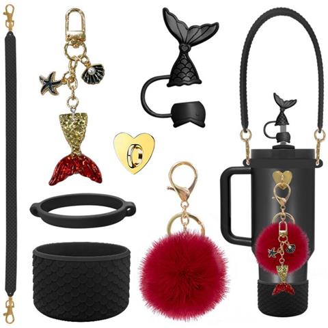 Kit Di Accessori Sirena 7 Pezzi Per Borracce Stanley - Porta Bicchiere In Silicone A Squame Di Pesce, Cinghia, Ciondoli Black - Foto 1