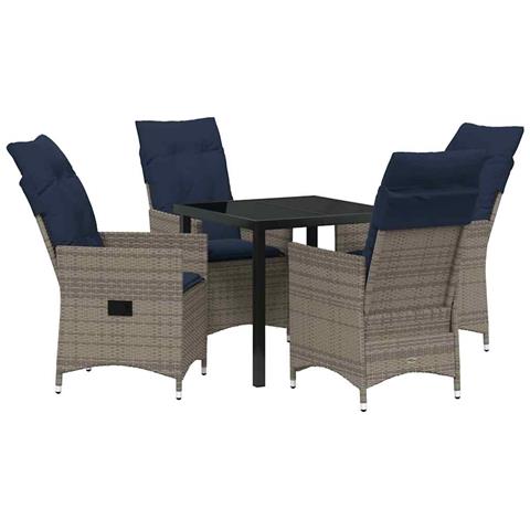 Set da Pranzo per Giardino 5 Pezzi con Cuscini Rattan Grigio, Tavolo da Giardino Nero 80x80x73 cm Vetro Temperato - Foto 1