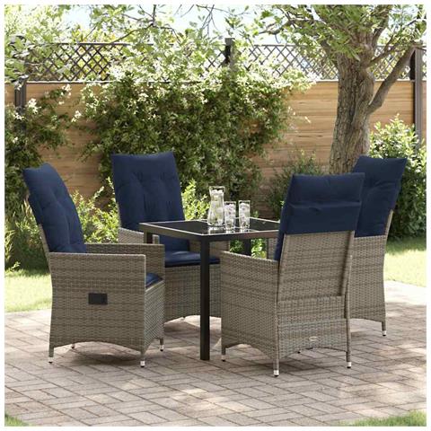 Set da Pranzo per Giardino 5 Pezzi con Cuscini Rattan Grigio, Tavolo da Giardino Nero 80x80x73 cm Vetro Temperato - Foto 2