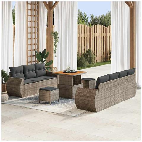 Set di Divani da Giardino  10 Pezzi con Cuscini Grigio Polyrattan Acacia, Set da Pranzo da Giardino  3 Pezzi con Cuscini Grigio Polyrattan Acacia - Foto 2