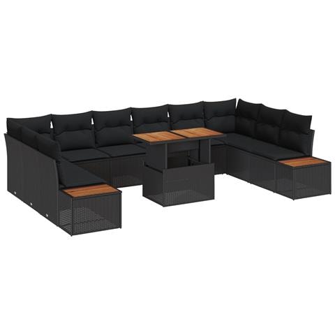 Set da pranzo da giardino 11 pezzi con cuscini rattan polyrattan nero acciaio marrone - Foto 1