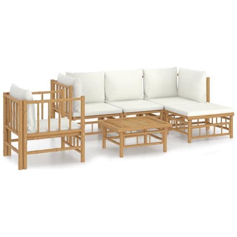 Set Salotto da Giardino 6pz con Cuscini Bianco Crema in Bambù - Foto 1