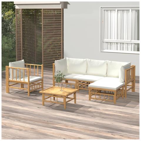 Set Salotto da Giardino 6pz con Cuscini Bianco Crema in Bambù - Foto 2