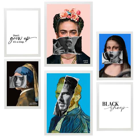 Set Di 6 Stampe Iconico Collage Pop Art Di Frida Van Gogh Incorniciato Con Illustrazioni Di Design Per La Casa, Negozio, Pittura A3 & A4 Cornice Bianca - Foto 1