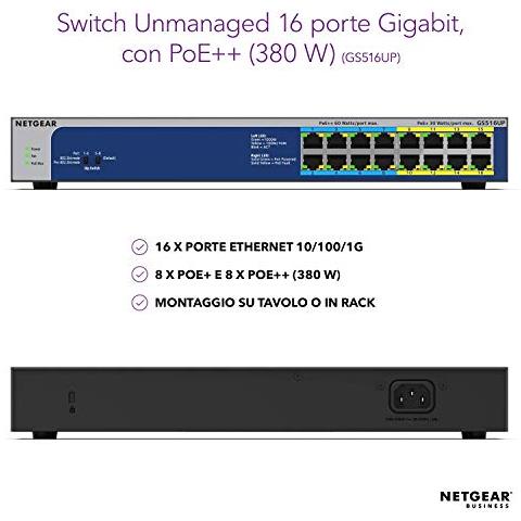 Switch PoE 16 porte Gigabit Ethernet Unmanaged (GS516UP) con 8 PoE+ e 8 PoE++ a 380 W, montaggio su rack / desktop e assistenza a vita ProSAFE - Foto 2