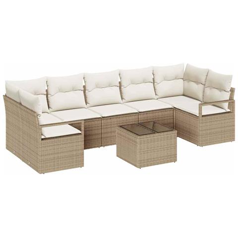 Set da Giardino  8 Pezzi con Cuscini in Polyrattan Beige, Sofà da Giardino  2-Persone con Cuscini in Polyrattan Beige - Foto 1