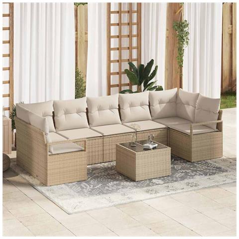 Set da Giardino  8 Pezzi con Cuscini in Polyrattan Beige, Sofà da Giardino  2-Persone con Cuscini in Polyrattan Beige - Foto 2