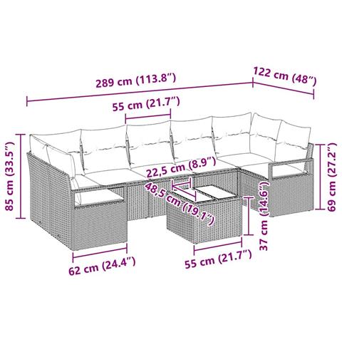 Set da Giardino  8 Pezzi con Cuscini in Polyrattan Beige, Sofà da Giardino  2-Persone con Cuscini in Polyrattan Beige - Foto 9