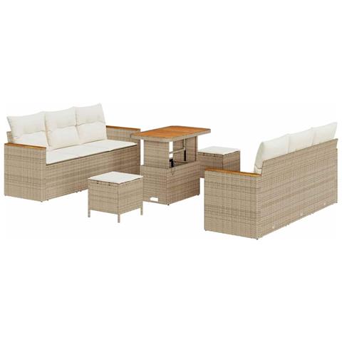 Set Divani Giardino 9 Pezzi con Cuscini Beige Rattan Acacia,  Set Pranzo Giardino 3 Pezzi con Cuscini Beige Rattan Acacia - Foto 1