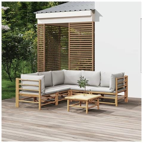 Set Salotto da Giardino 6pz con Cuscini Grigio Chiaro Bambù - Foto 2