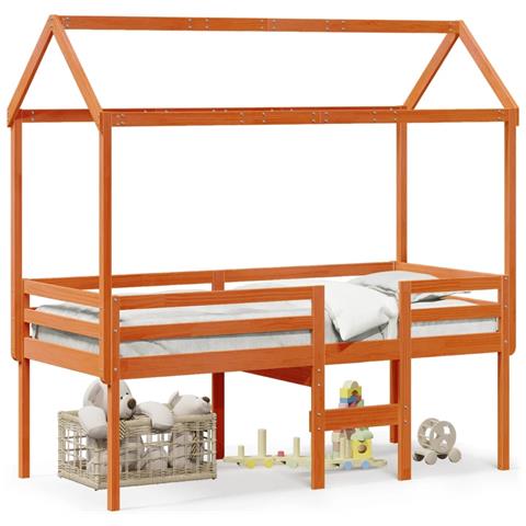 Letto a Soppalco con Tetto Cera 75x190cm Legno Massello di Pino - Foto 1