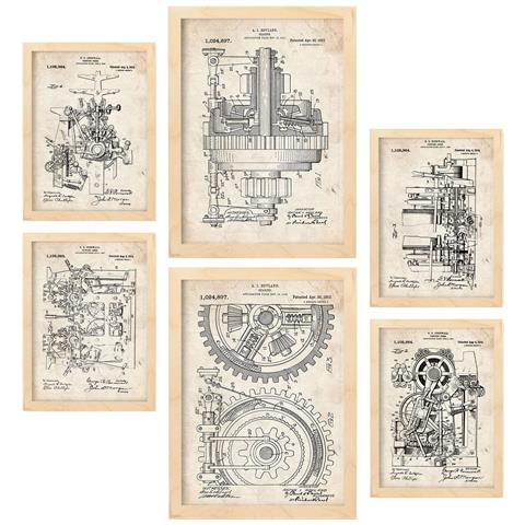 Set Di 6 Stampe Poster Con Brevetti Di Macchine Poster Con Immagini Di Brevetti Retrò Design D'interni In Stile Vintage A3 & A4 Telaio In Legno Chiaro - Foto 1