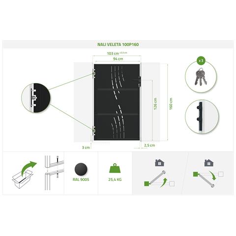 Cancello a battente in acciaio 3,5m NALI VELETA H. 160cm nero + cancello pedonale nero 160c - Foto 2