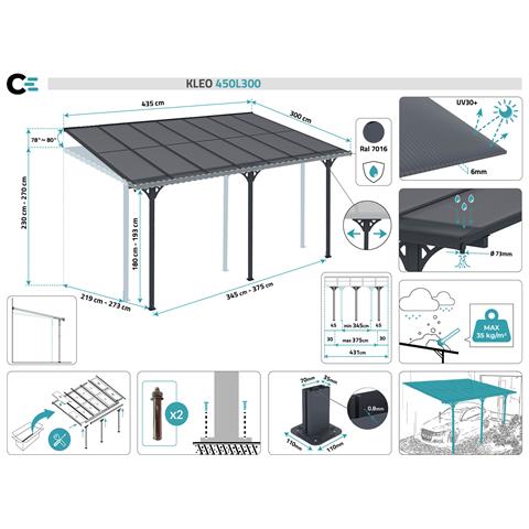 Tettoia Per Terrazza, Auto Addossata Kleo 450l300 Alluminio Grigio - Foto 10