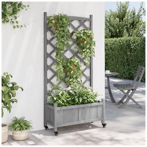 Fioriera Con Traliccio E Ruote Grigia Legno Massello Di Abete - Foto 3