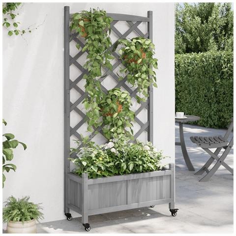 Fioriera Con Traliccio E Ruote Grigia Legno Massello Di Abete - Foto 1