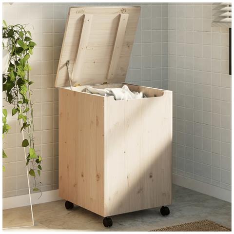 Cesta Biancheria Con Ruote Rana 45x45x64 Cm Legno Massello Pino - Foto 1