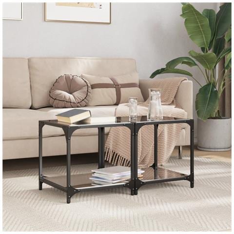 Tavolini Da Salotto Con Piano Vetro Nero 2pz 40x40x40cm Acciaio - Foto 1