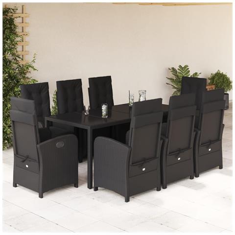 Set da Pranzo da Giardino 9 pz con Cuscini Nero in Polyrattan - Foto 9