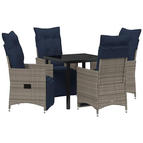 Set da Pranzo per Giardino da 5 Pezzi con Cuscini Grigio Rattan Sintetico, Tavolo Giardino Nero 80x80x73 cm in Vetro Temperato - Foto 1