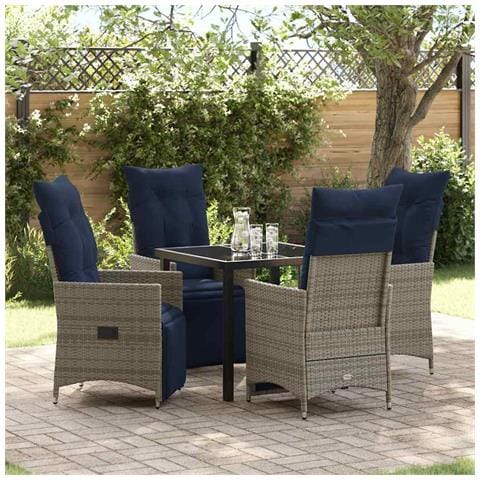 Set da Pranzo per Giardino da 5 Pezzi con Cuscini Grigio Rattan Sintetico, Tavolo Giardino Nero 80x80x73 cm in Vetro Temperato - Foto 2