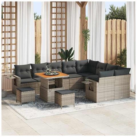 Set di Divano da Giardino a 12 Pezzi con Cuscini Grigio Polyrattan Acacia,  Set da Pranzo da Giardino a 3 Pezzi con Cuscini Grigio Polyrattan Acacia - Foto 2