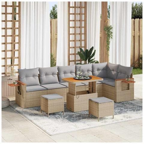 Set divani giardino 9 pezzi con cuscini Beige Rattan Acacia, Set pranzo giardino 3 pezzi con cuscini Beige Rattan Acacia - Foto 2