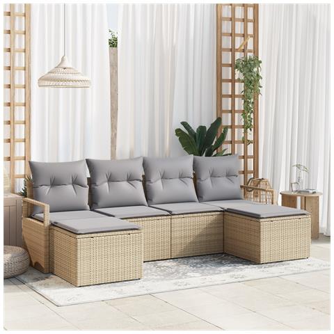 Set di divani da giardino da 6 pezzi con cuscini Beige Poly Rattan, Divano da giardino a 2 posti con cuscini Beige Poly Rattan - Foto 2