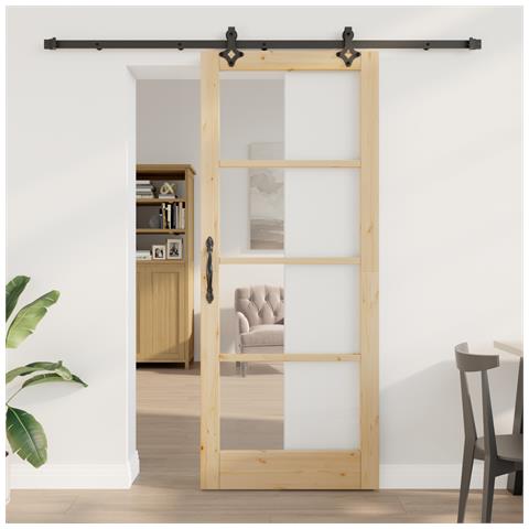 Porta Scorrevole  con Set di Hardware 86x211 cm Legno Massello di Pino, Porta Interna  con Vetro 'ORKDAL'86x211x4 cm Legno Massello di Pino - Foto 2
