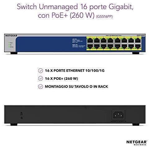 Switch Poe 16 Porte Gigabit Ethernet Unmanaged (GS516PP) con 16 Poe a 260 W, Montaggio Desktop / su Rack e Assistenza a Vita ProSAFE - Foto 2