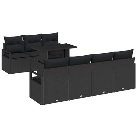 Set da Giardino 8 Pezzi con Cuscini Rattan Polivalente Nero, Divano da Giardino 2 Posti con Spazio di Stoccaggio e Cuscini Rattan Polivalente Nero - Foto 1