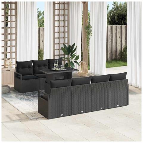 Set da Giardino 8 Pezzi con Cuscini Rattan Polivalente Nero, Divano da Giardino 2 Posti con Spazio di Stoccaggio e Cuscini Rattan Polivalente Nero - Foto 2