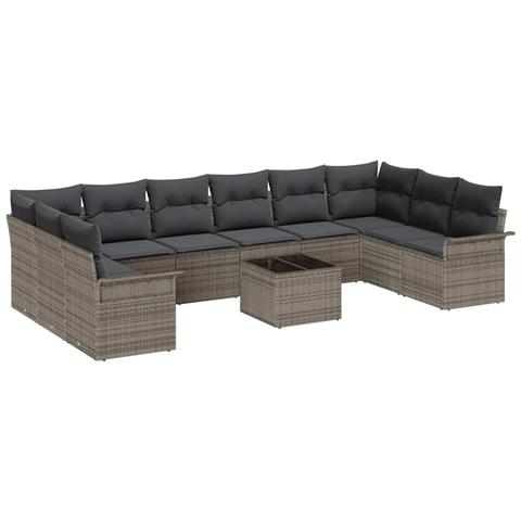 Set di divani da giardino 10 pezzi con cuscini in polirattan nero, Divano da giardino a 2 posti con contenitore e cuscini in polirattan grigio - Foto 1