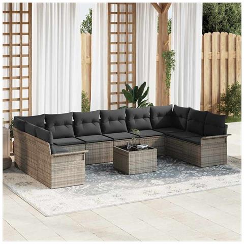 Set di divani da giardino 10 pezzi con cuscini in polirattan nero, Divano da giardino a 2 posti con contenitore e cuscini in polirattan grigio - Foto 2