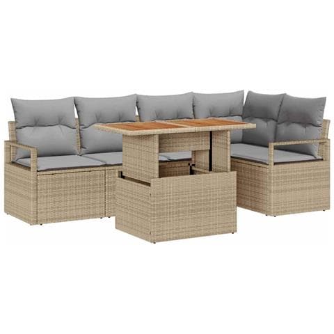Set di divani da giardino 6 pezzi con cuscini Beige Rattan Poliacacia, Divano da giardino 2 posti con cuscini Beige Rattan Poliacacia - Foto 1