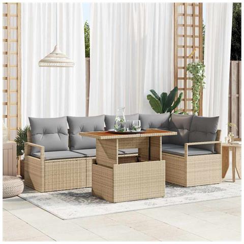 Set di divani da giardino 6 pezzi con cuscini Beige Rattan Poliacacia, Divano da giardino 2 posti con cuscini Beige Rattan Poliacacia - Foto 2