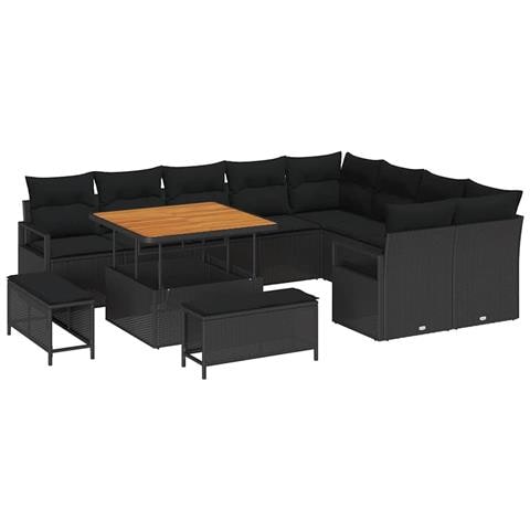 Set di divano da giardino a 12 pezzi con cuscini in polyrattan nero e acacia, Set da pranzo da giardino a 3 pezzi con cuscini in polyrattan nero e acacia, Divano da giardino a due posti con cuscini in polyrattan nero - Foto 1
