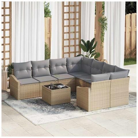 Set divani giardino 9 Pezzi con cuscini Beige Rattan Polietilenico - Foto 2