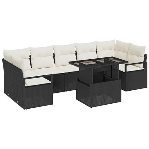 Set Divano da Giardino da 8 Pezzi con Cuscini Nero Rattan Polipropilene,  Divano da Giardino per 2 Persone con Cuscini Nero Rattan Polipropilene - Foto 1