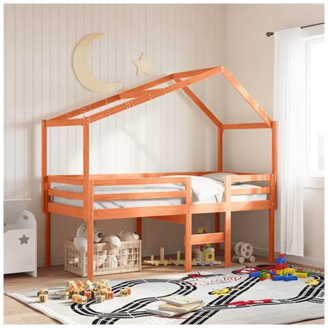 Letto a Soppalco con Tetto Cera 75x190cm Legno Massello di Pino - Foto 2