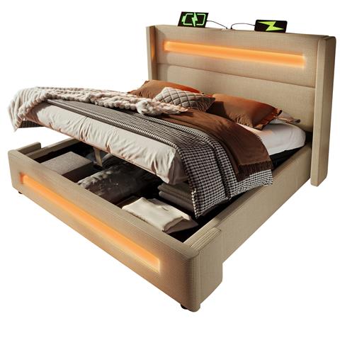 Letto In Lino Beige Con Testiera Alta, Led E Vano Contenitore - Foto 1