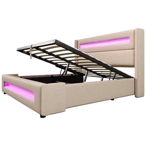 Letto In Lino Beige Con Testiera Alta, Led E Vano Contenitore - Foto 2