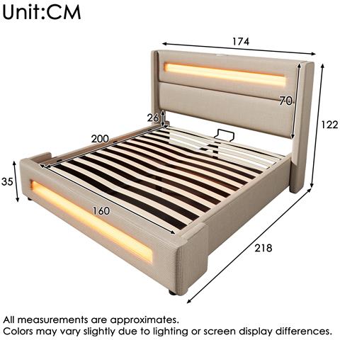 Letto In Lino Beige Con Testiera Alta, Led E Vano Contenitore - Foto 3