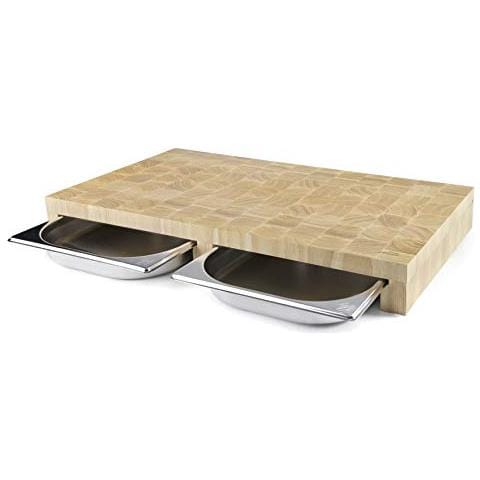60591 - Tagliere domestico in legno di caucciù con doppio vassoio rimovibile in acciaio inox, - Foto 2