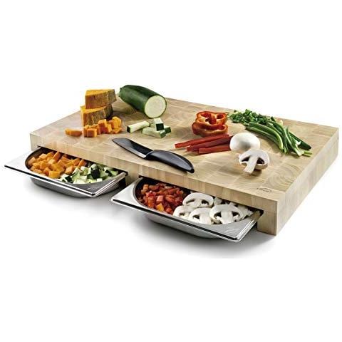 60591 - Tagliere domestico in legno di caucciù con doppio vassoio rimovibile in acciaio inox, - Foto 1