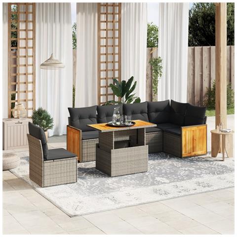Set Divani Da Giardino 7 Pz Con Cuscini Grigio In Polyrattan - Foto 3