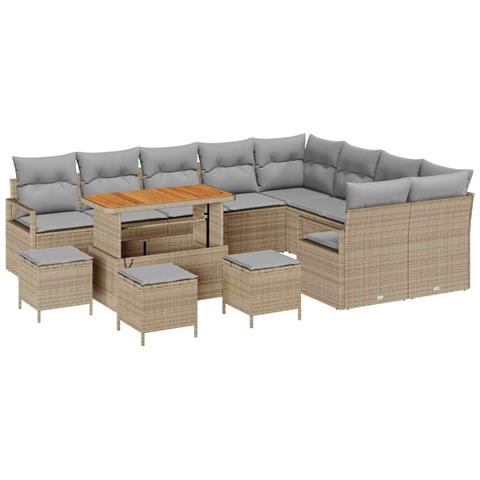 Set di divano da giardino a 13 pezzi con cuscini Rattan beige Polyrattan Acacia, Set da pranzo da giardino a 4 pezzi con cuscini Rattan beige Polyrattan Acacia, Divano da giardino a 2 posti con cuscini Rattan beige Polyrattan - Foto 1