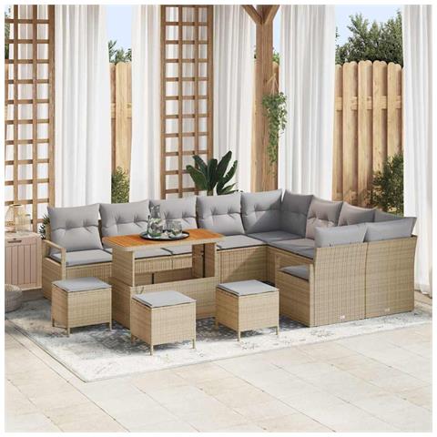 Set di divano da giardino a 13 pezzi con cuscini Rattan beige Polyrattan Acacia, Set da pranzo da giardino a 4 pezzi con cuscini Rattan beige Polyrattan Acacia, Divano da giardino a 2 posti con cuscini Rattan beige Polyrattan - Foto 2